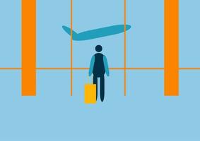 toerisme en vliegtuig reizen concept. vector platte mensen illustratie. een man die met bagage bij het vertrek van de luchthaven staat met een vliegtuigachtergrond.