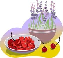 zomer illustration.cherry op de plaat en bloemen. vector