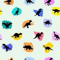 naadloos patroon met silhouet van dinosaurussen op kleurrijke aquarelvlekken. vectorillustratie. als achtergrond, voor verpakking, digitaal papier, achtergrond, pakketproducten. vector