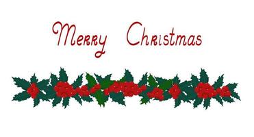 Hulst plant rode bessen slinger traditionele wintervakantie vectorillustratie, vrolijk kerstfeest horizontale banner, decor voor eindejaarsfeesten, familiebijeenkomsten, feestelijke stemming eenvoudig patroon vector
