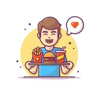 man met dienblad met hamburger, friet en frisdrank en liefde toespraak bubble cartoon vector pictogram illustratie. mensen eten pictogram concept geïsoleerde premium vector. platte cartoonstijl