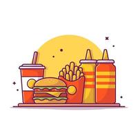 hamburger, frietjes en frisdrank met mosterd en ketchup cartoon vector pictogram illustratie. voedsel object pictogram concept geïsoleerde premium vector. platte cartoonstijl