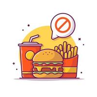 hamburger, frietjes en drankje met verboden toespraak bubble cartoon vector pictogram illustratie. voedsel object pictogram concept geïsoleerde premium vector. platte cartoonstijl