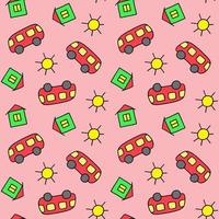 schattig naadloos patroon voor kinderen. bus, huis en zon. kleurrijke afdruk. doodle stijl illustratie. print voor kaarten, uitnodigingen, babyshower, inpakpapier, textiel, kleding en kamerdecoratie
