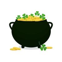 pot met gouden munten en klaverblaadjes. patrick's day-concept. vector