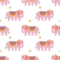 grappige roze olifant met kroon, vector naadloos patroon in de hand getekende stijl, print voor kleding, papierproducten