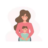 moeder en zoon concept. moeder knuffelt haar zoon. schattige karakters voor blogs, tutorials, brochures, schoolstands, psychologische tests, enz. vectorillustratie in een vlakke stijl vector