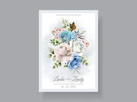 elegante witte en blauwe roos trouwkaart vector