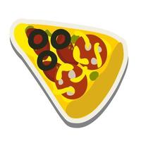 een plak pizza met kaas, tomaten, worst en olijven. sticker. vector