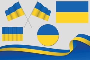 set van oekraïne vlaggen in verschillende ontwerpen, pictogram, vlaggen met lint met achtergrond villen. gratis vector