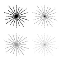 zonnestraal vuurwerk stralen radiale straal straal lijnen fonkeling glazuur flare starburst concentrische uitstraling lijnen pictogram overzicht set zwart grijs kleur vector illustratie vlakke stijl afbeelding