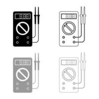 digitale multimeter voor het meten van elektrische indicatoren ac dc spanning stroomsterkte ohmmeter vermogen met sondes pictogram overzicht set zwart grijze kleur vector illustratie vlakke stijl afbeelding