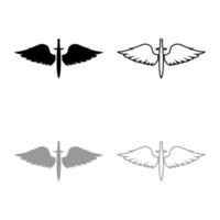 vleugels en zwaard symbool cadetten gevleugeld mes wapen middeleeuws krijger insigne blazoen moed concept pictogram overzicht set zwart grijs kleur vector illustratie vlakke stijl afbeelding