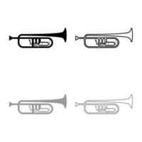 trompet klaroen muziek instrument pictogram overzicht set zwart grijze kleur vector illustratie vlakke stijl afbeelding