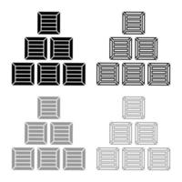 piramide kratten houten kisten containers pictogram overzicht set zwart grijze kleur vector illustratie vlakke stijl afbeelding