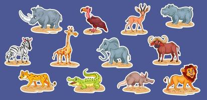 grote set van Afrikaanse dieren. grappige dierenkarakters in stickers in cartoonstijl. vector