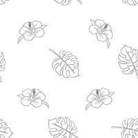 handgetekende hibiscus bloemen en monstera bladeren naadloos patroon vector