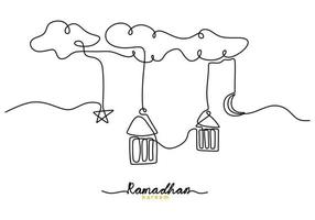 enkele lijn van lantaarns en sterren die in wolken hangen met ramadan woord vector