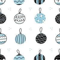 naadloos patroon met blauwe en witte kerstballen in een schattige doodle-stijl op een witte achtergrond. vector nieuwjaar en kerst achtergrond illustratie.
