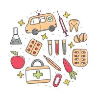 set van veelkleurige medische artikelen in doodle-stijl, thermometer, spuit, kolf, pillen, vitamines, ambulance. vector doodle illustratie geïsoleerd op de achtergrond.