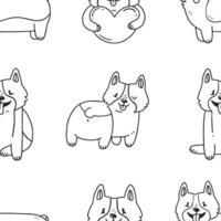 naadloze zwart-witte achtergrond met schattige corgi honden in cartoon doodle stijl. vector afbeelding achtergrond.