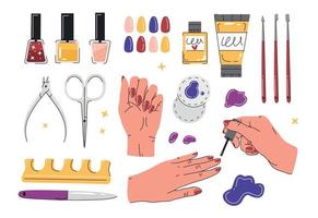 grote gekleurde manicure set met verschillende elementen voor manicure en pedicure geïsoleerd op een witte achtergrond. vector cartoon vlakke afbeelding.