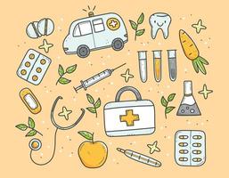 set veelkleurige medische artikelen in doodle stijl, thermometer, spuit, kolf, pillen, vitamines, ambulance. vector kleur doodle illustratie geïsoleerd op de achtergrond.