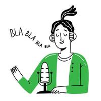 een meisje met koptelefoon neemt een podcast op. een vrouwelijk personage spreekt in een microfoon. vectorillustratie in doodle lijnstijl. vector