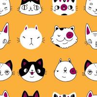 naadloze vector patroon met schattige zwart-witte katten in cartoon doodle stijl op een gele achtergrond. afdrukken met katten.