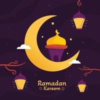 ramadan kareem illustratie met wassende maan en moskee concept. platte ontwerp cartoon stijl vector