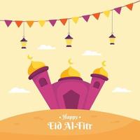 gelukkige eid al fitr illustratie met lantaarn en moskee concept. platte ontwerp cartoon stijl vector