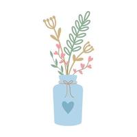 een vaas met eenvoudige ongecompliceerde bloemen en twijgen in rustieke stijl. gezellig natuurlijk vectorontwerp. vector