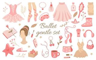 ballet is een delicate set van vrouwelijke elementen in roze tinten. leuke items pointe schoenen, tutu, parfum, boek, kaars, ugg boots, telefoon, koptelefoon, koffie. vectorcollectie voor ontwerp of decoratie vector