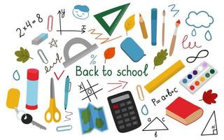 terug naar school, een verzameling handgetekende clipart. rekenmachine, accessoires, borstels, liniaal, schaar, kaart, handschrift, boek. vectorillustratie geïsoleerd. vector