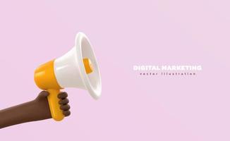 3D cartoon vector Afrikaanse hand met megafoon sociale media marketing sjabloon voor spandoek. promotie reclame 3D-luidspreker in Afro-Amerikaanse arm.