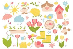 lente en Pasen doodle collectie, bloemen en decoraties. Pasen lente set met schattige eieren, vogels, bijen, vlinders. hand getekende vectorillustratie. vector