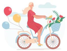 grappig lachend meisje gekleed in rode jurk fietsten met ballonnen en met rieten mand vol Lentebloemen. leuke gelukkige jonge vrouw op de fiets. platte vectorillustratie op een witte achtergrond. vector