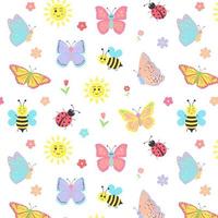 kleurrijke cartoon vlinders, bijen, zonnen, lieveheersbeestjes en bloemen naadloze patroon achtergrond. vector