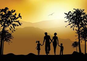 silhouet van een familie die op het platteland wandelt vector