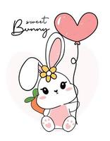 schattige, vrolijke, witte konijntjesbaby die een hartvormige ballon vasthoudt en wortel verbergt, lief schattig konijntje, cartoontekening omtrekvector vector