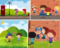 Vier scènes van kinderen die verschillende sporten spelen vector