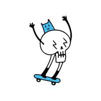 grappige schedel en kat die een skateboard berijden, illustratie voor t-shirt, poster, sticker of kledingskoopwaar. met cartoon-stijl. vector