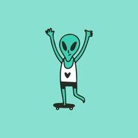 grappig buitenaards rijdend skateboard, illustratie voor t-shirt, sticker of kledingskoopwaar. met retro cartoon-stijl. vector