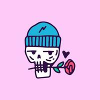 knappe schedel die beaniehoed draagt en een rozen bijt, illustratie voor t-shirt, sticker, of kledingskoopwaar. met doodle, zachte pop en cartoonstijl. vector