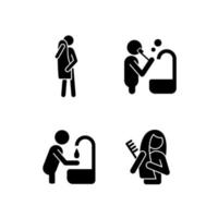 dagelijkse leven zwarte glyph-pictogrammen ingesteld op witruimte. gewoonten voor een gezond leven. dagelijkse hygiëneprocedures. activiteiten van het dagelijks leven. silhouet symbolen. vector geïsoleerde illustratie