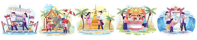 set van mensen viert de songkran festival thailand traditionele nieuwjaarsdag. vector illustratie