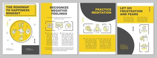 de routekaart naar geluk mindset gele brochure sjabloon. flyer, boekje, folder afdrukken, omslagontwerp met lineaire pictogrammen. vectorlay-outs voor presentatie, jaarverslagen, advertentiepagina's vector