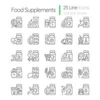 voedingssupplementen lineaire pictogrammen instellen. bron van vitamines, mineralen en voedingsstoffen. gezond eten. aanpasbare dunne lijncontoursymbolen. geïsoleerde vectoroverzichtsillustraties. bewerkbare streek vector