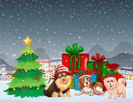 besneeuwde kerstnachtscène met honden in kerstkostuums vector