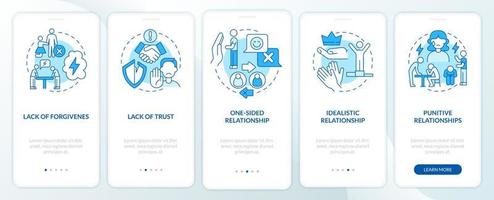 beledigende relaties typen onboarding mobiele app paginascherm. gebrek aan vertrouwen walkthrough 5 stappen grafische instructies met concepten. ui, ux, gui vectorsjabloon met lineaire kleurenillustraties vector